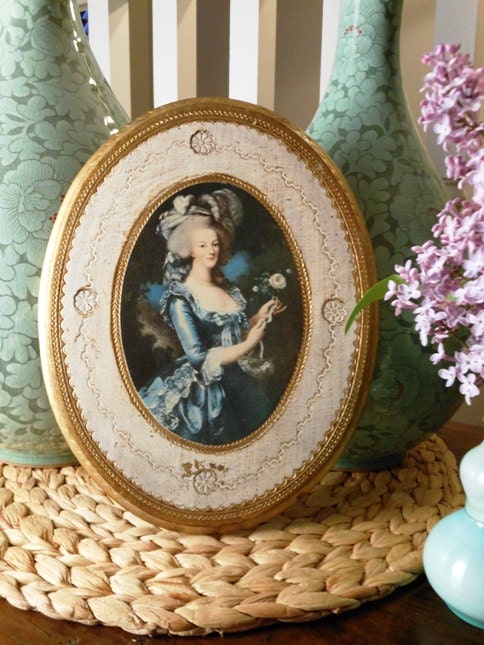 VIntage Wooden Wall Hanging in Ivory and Gold Portrait of Marie Antoinette Early 1970s