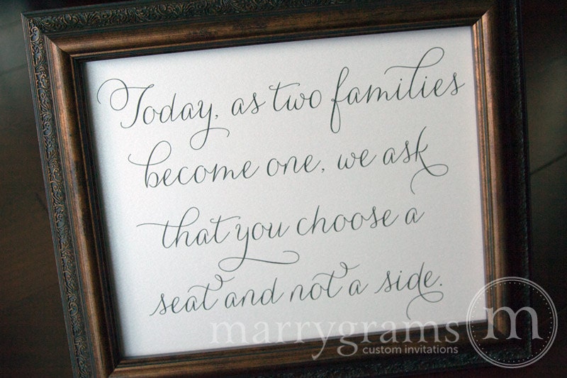 Two Families Become One, Choose a Seat Not a Side -- Wedding Reception Open Seating Signage - Matching Numbers Available SS01