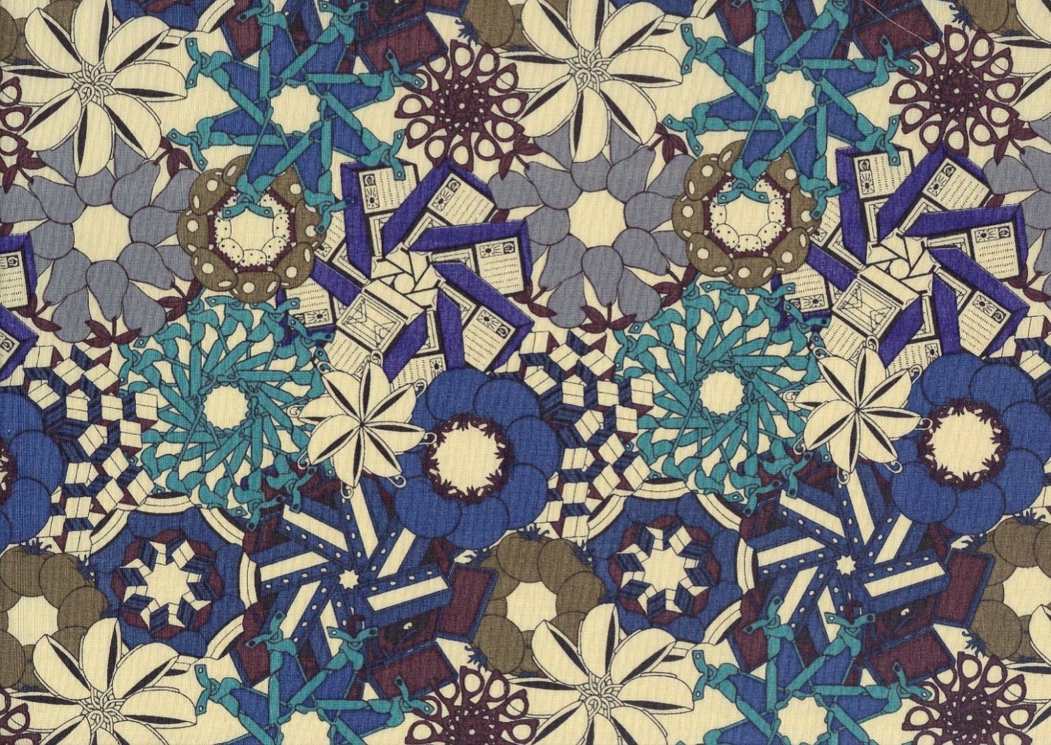 Fat eighth cog wheel design 'Flora Bo D' Liberty print, featuring multicoloured flowers of post, cups and fruit