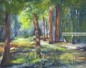 Original Watercolor Painting 22x30 Forest Landscape Deckled Edge Free US Shipping