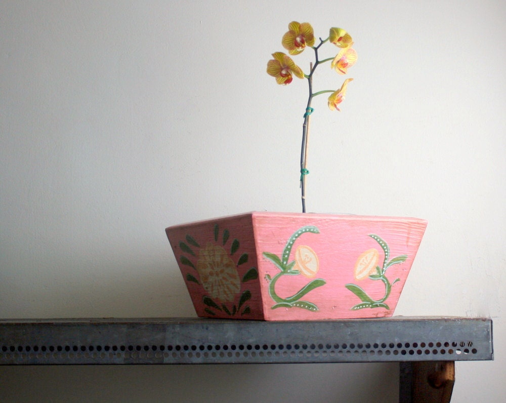 Wooden Cedar Planter Box - Handpainted Folk Art Bowl