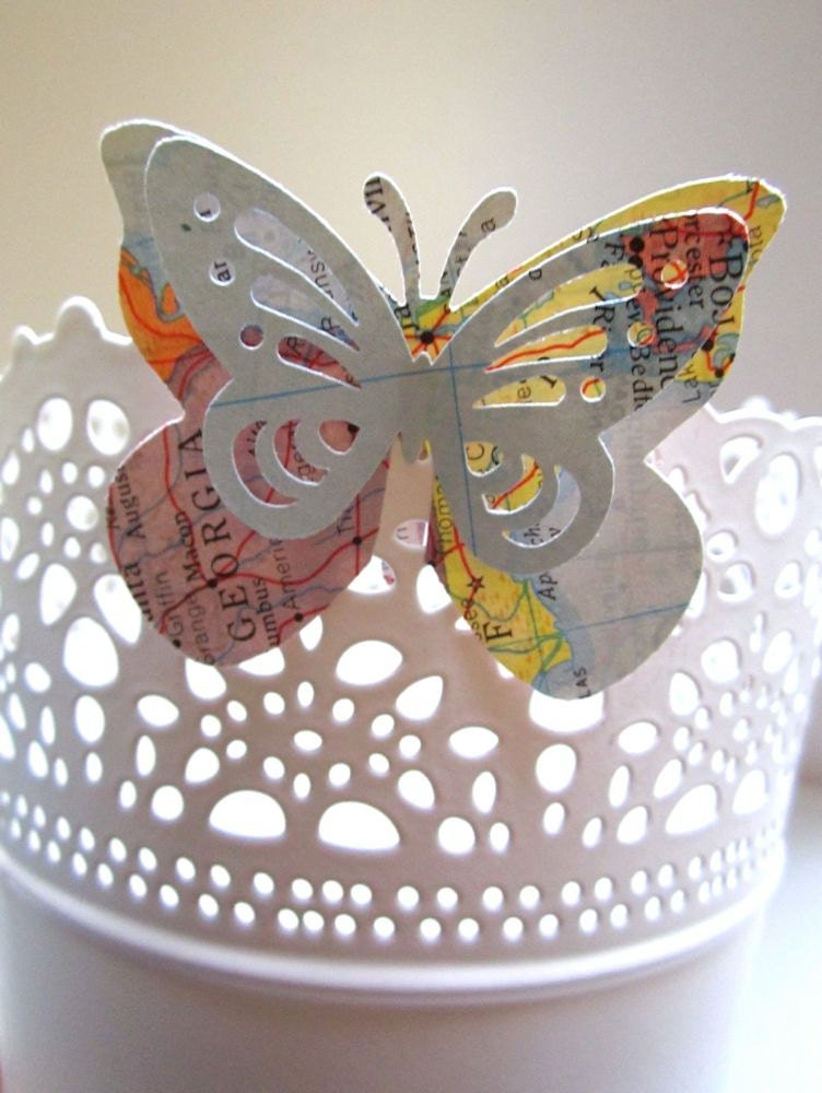 Butterfly Wine Glass Ornament, Butterfly Adornment, Perched Butterfly, Map Butterfly, 100, To Set Atop Glasses, Vases, and Other Decor