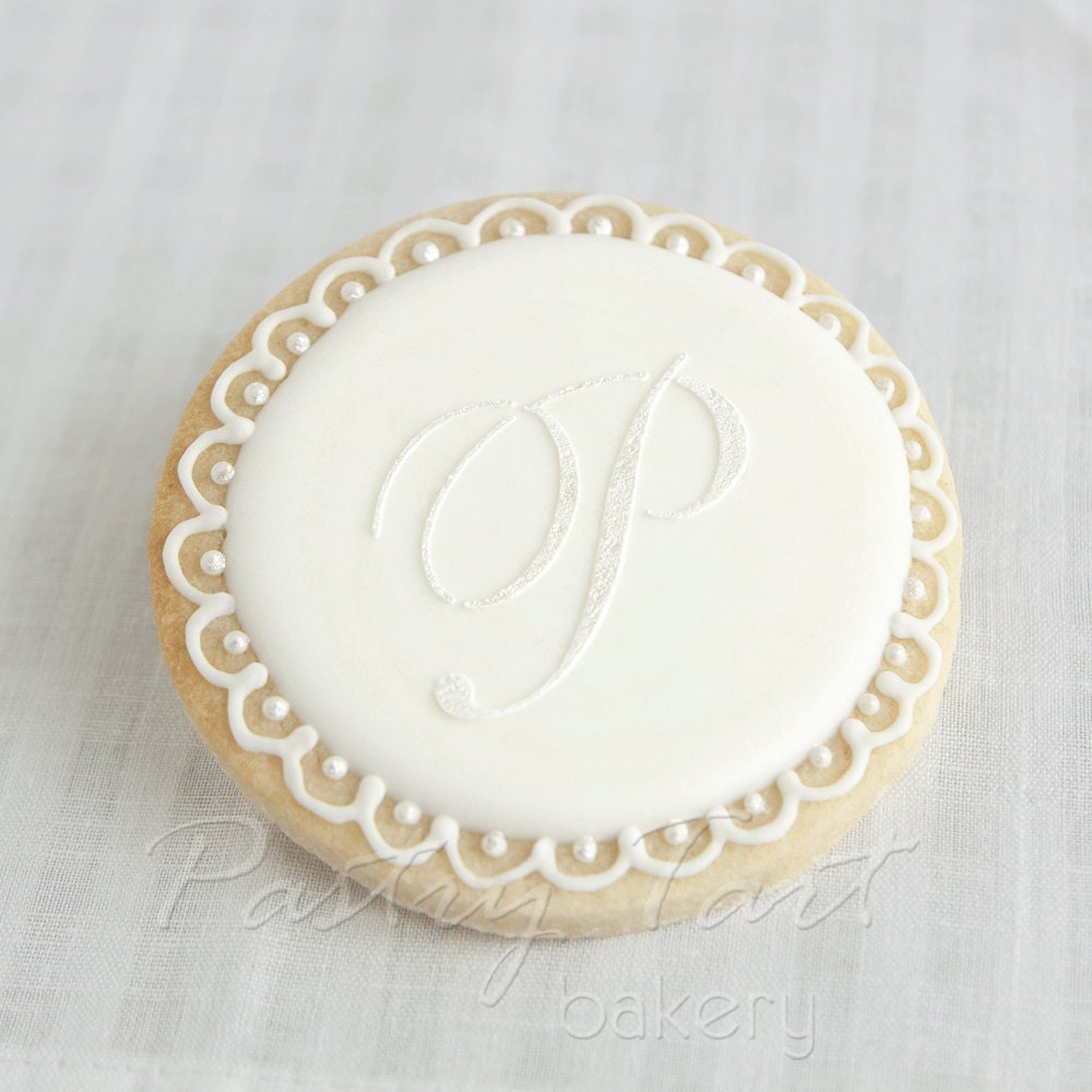 Vintage Lace White on White Pearl Monogram Letter Wedding Cookie Favors // 1 doz. // Wedding Bridal Shower Initial Letter Personalized