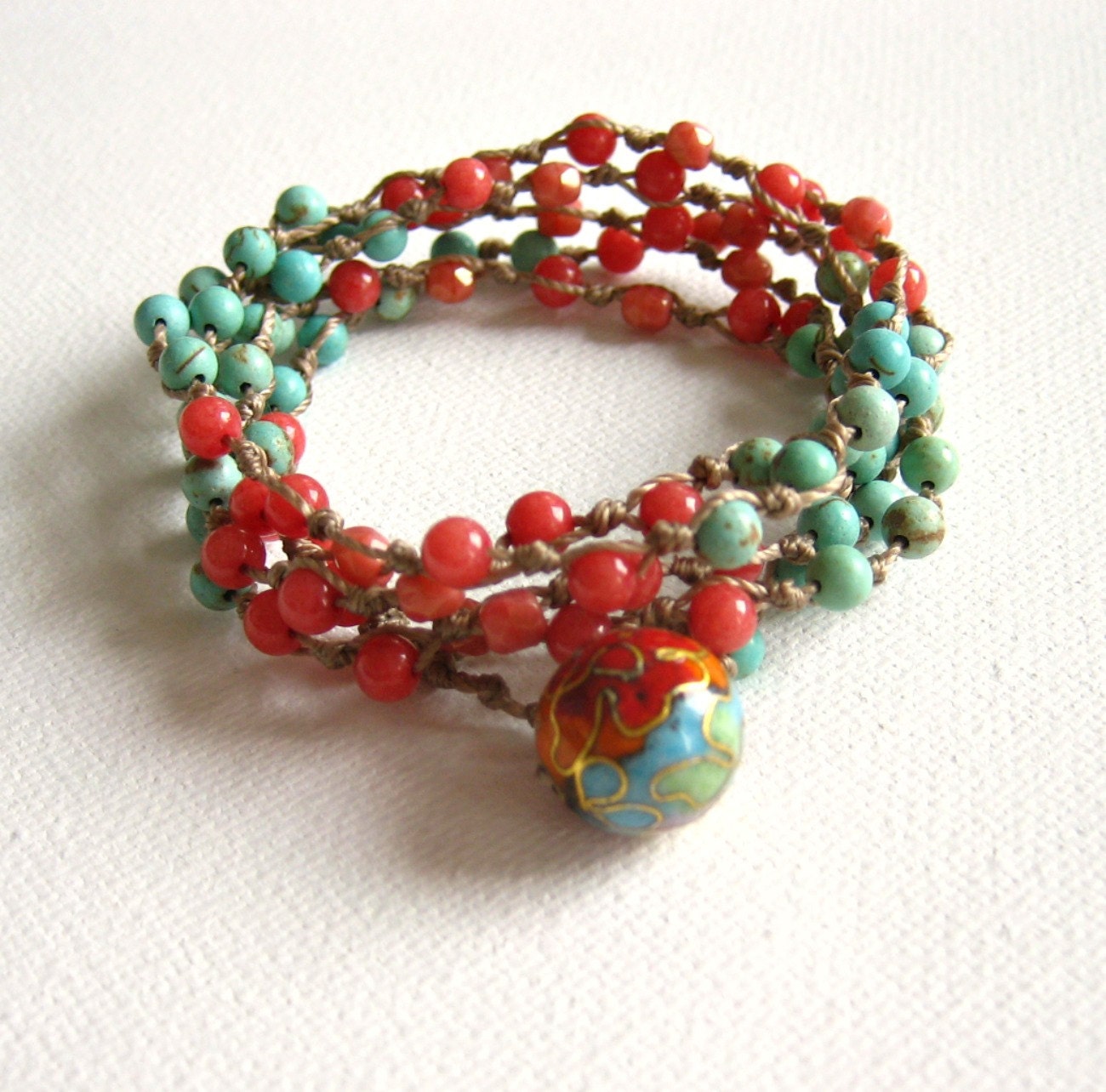 Boho Beaded Wrap Bracelet, Coral & Turquoise, Summery, Shabby Chic, Handmade in France