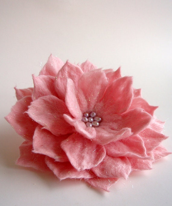 Magic Flower in Pink, Hand Felted Brooch, Wool Flowers, Felted Jewelry,(MADE TO ORDER)