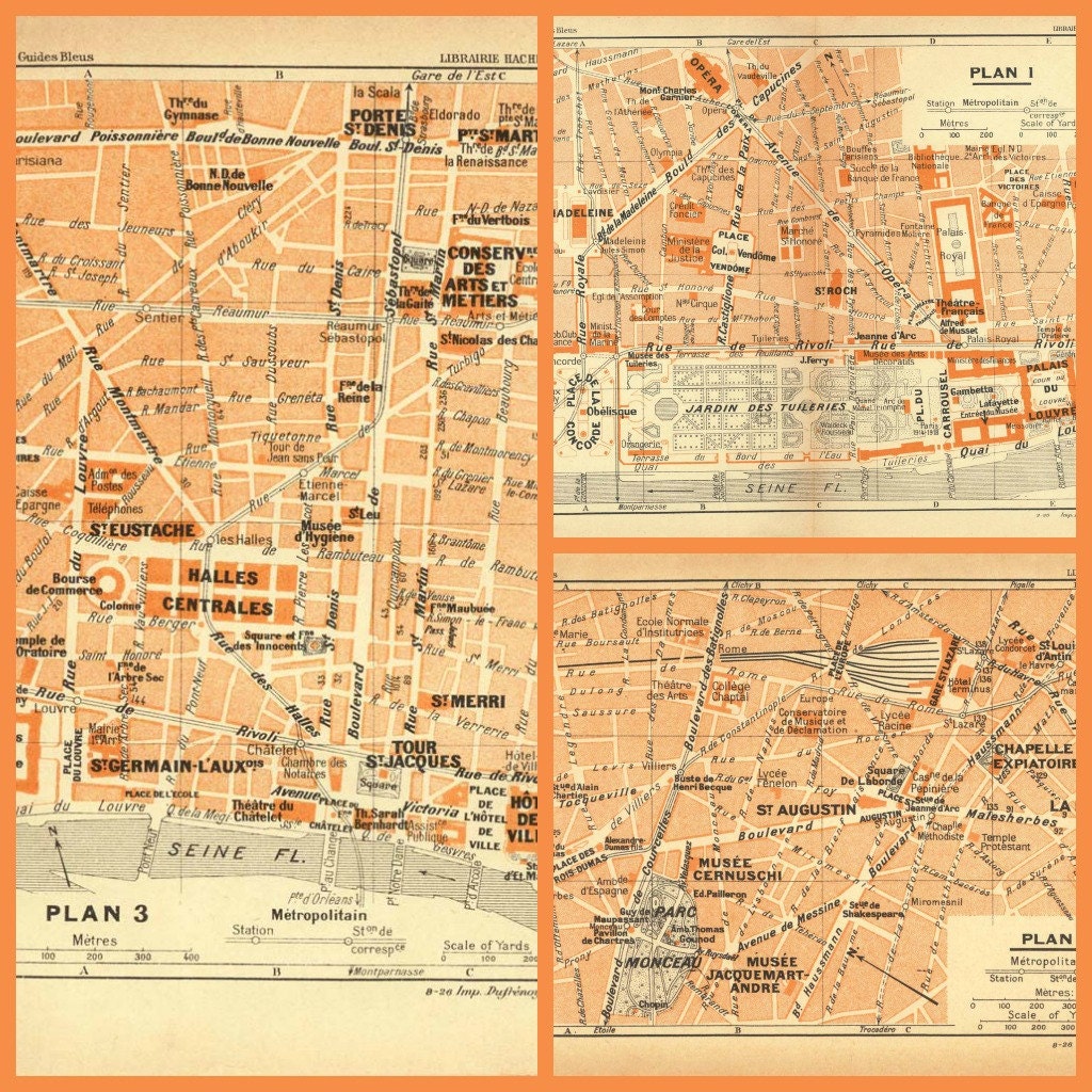 Vintage Paris Maps Set of 3 Street Plan City Map