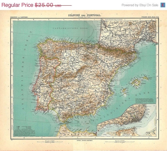 Antique Map Spain and Portugal  1914 Iberian Peninsula