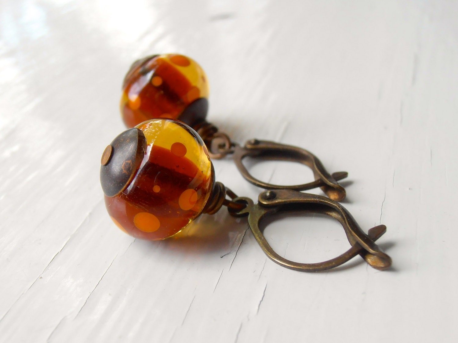 Ice Tea - handmade earrings, brown earrings, orange earrings, brown jewelry, glass earrings, polka dot earrings, spotty jewellery
