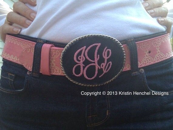 Kristin Henchel custom monogram belt buckle with pink embossed leather belt