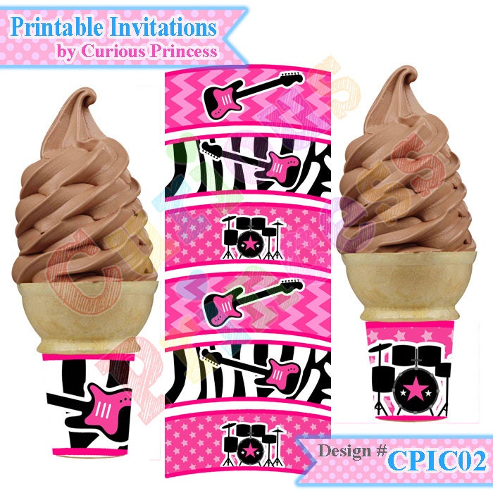 PRINTABLE GIRL rockstar hot pink zebra ice cream cone wraps wrappers flat bottom labels rock star