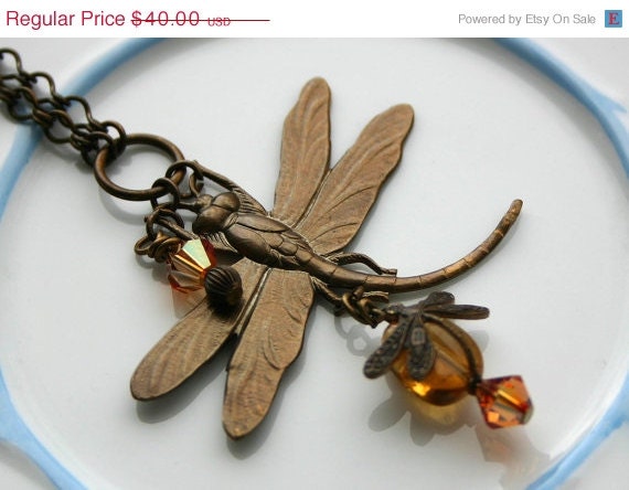 Summer Sale: Vintaj Dragonfly and Swarovski brass necklace