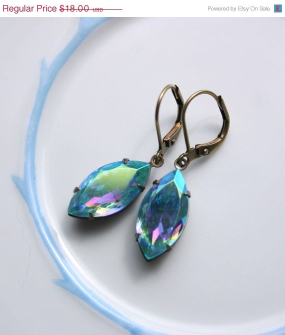 Summer Sale: Aurora Borealis Aquamarine AB navette Estate Style drop earrings
