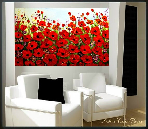 Original Oil   gallery canvas abstract  Landscape Modern 36" palette knife  RED POPPIES  oil painting by Nicolette Vaughan Horner