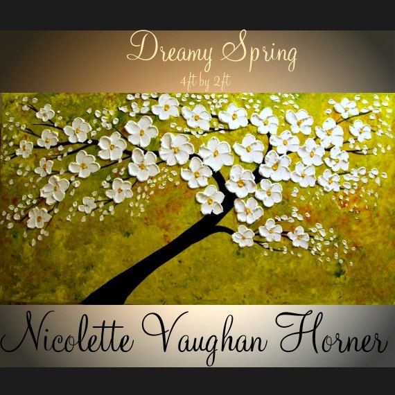 Oil Landscape painting Abstract Original  48" palette knife signature WHITE BLOSSOM oil  impasto oil painting by Nicolette Vaughan Horner