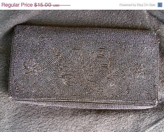 1960's Black Beaded Bag Handbag Clutch Purse Made in Japan Mad Men Mod Rockabilly Accessories