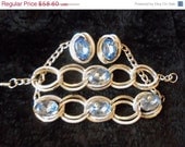 Vintage Blue Rhinestone Demi Parure 1950's 1960's Necklace, Bracelet, Earring Set Funky Retro Rockabilly Accessories