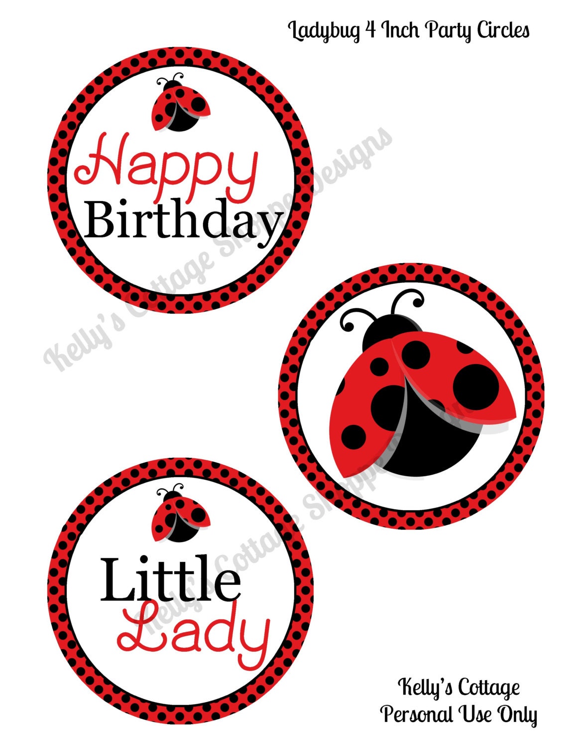 Instant Download, Printable Ladybug Birthday 4 Inch Party Circles