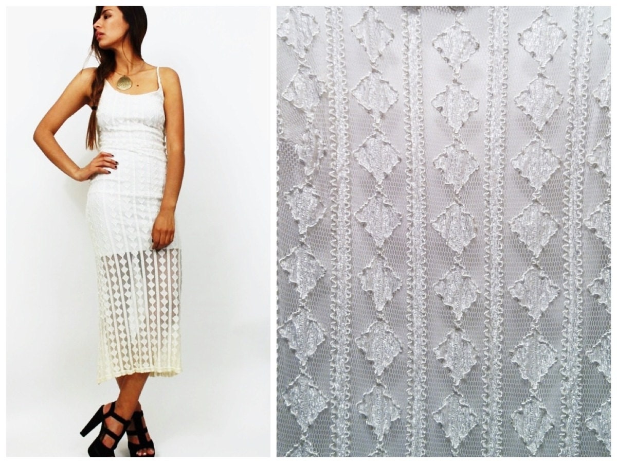 Vintage 90s Creme Lace Hi Low Body Con Maxi Dress S