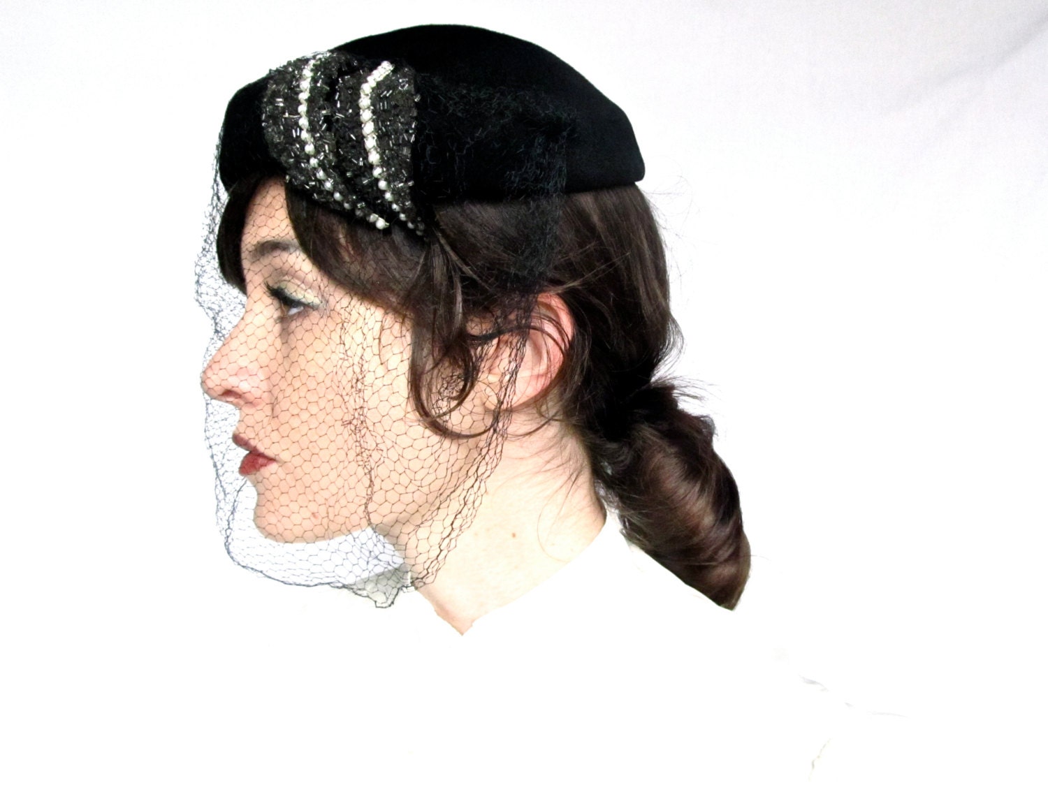 Vintage 1950s Black Felted Wool Hat with Black Mesh Netting and Jeweled Accent