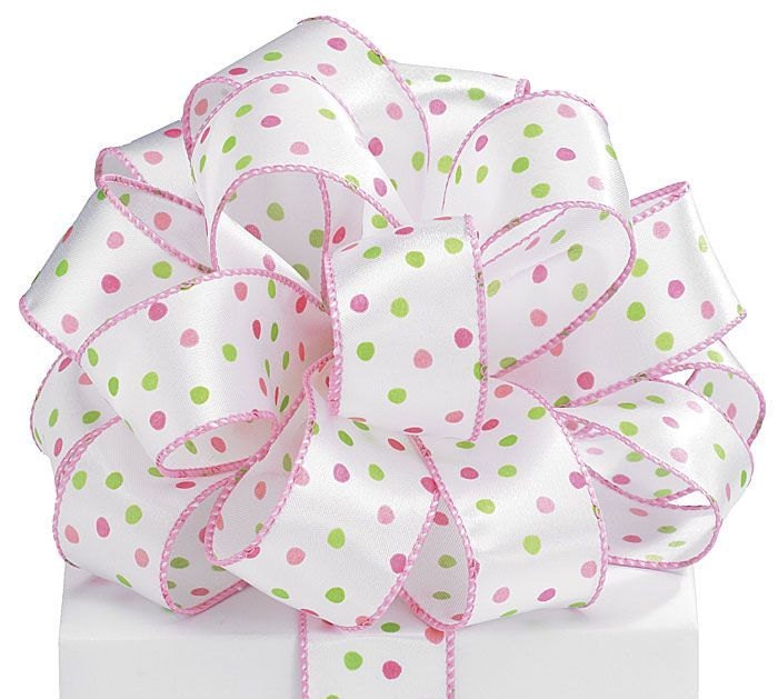 Cute 1-1/2"W x 5YDS Wired Edge White Satin Ribbon Pink Lime Green PolkaDots
