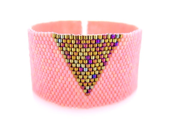 Coral Pink Cuff, Beaded Bracelet Cuff, Gold Triangle Cuff, Gold Arrow Bracelet, Geometric Cuff, Handmade OOAK by JeannieRichard