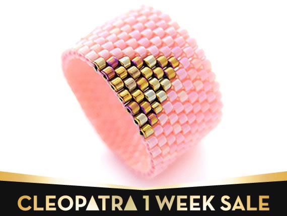 Coral Pink Ring, Gold Triangle Ring, Beaded Pink Ring, Geometric Ring, Gold Arrow Ring, Cleopatra Inspired, OOAK Handmade by JeannieRichard