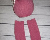 OOAK Upcycled newborn legwarmers and bear hat in pink -photography prop- RTS