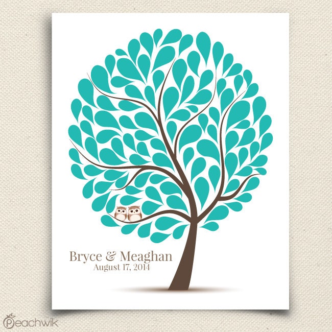 Wedding Owl Guest Book - The Hootwik - A Peachwik Personalized Art Print - 100 guest sign in - Companion Owls in a Tree