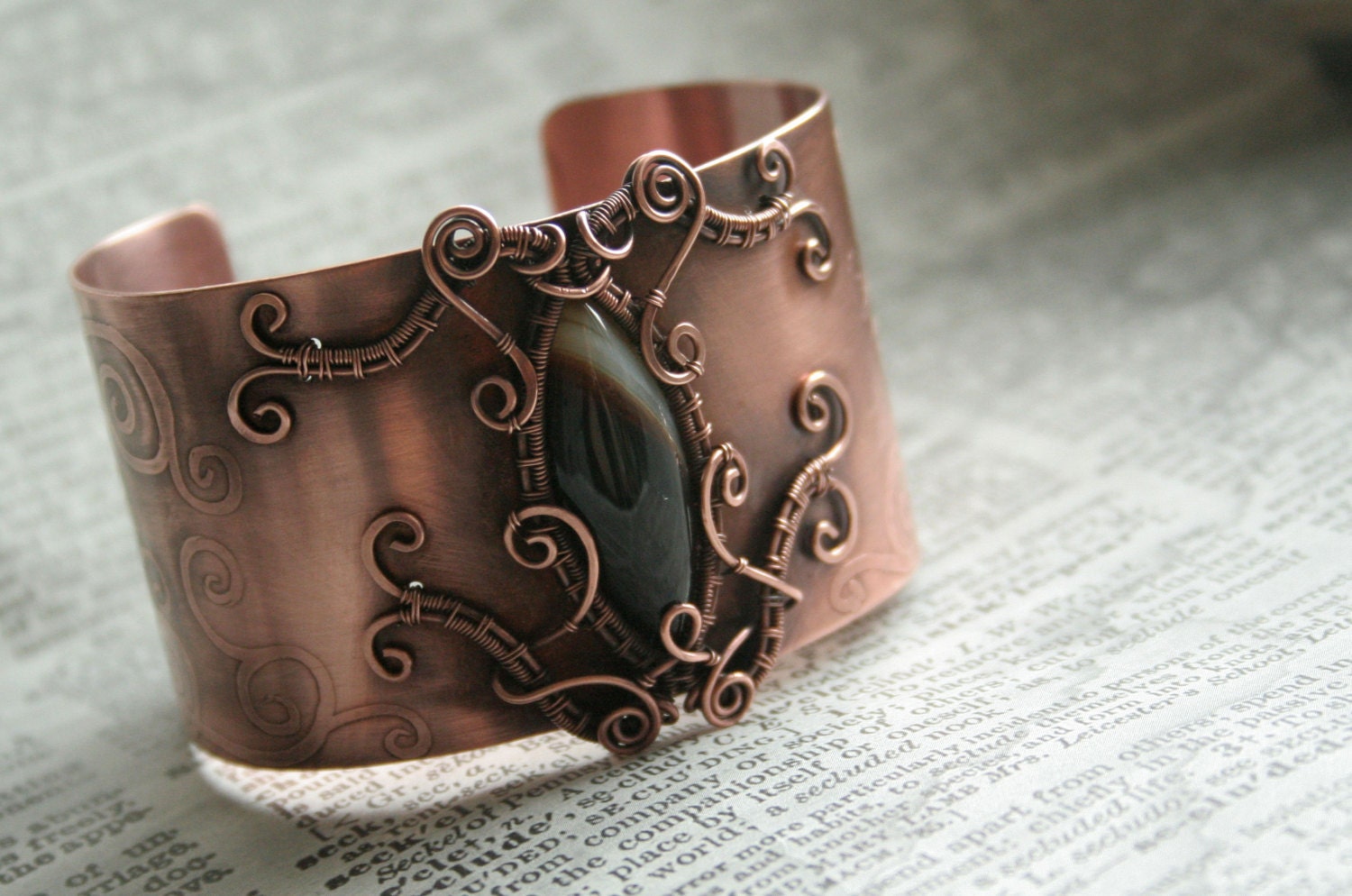 Baroque - brown agate copper wire woven wrapped etched wide cuff bracelet