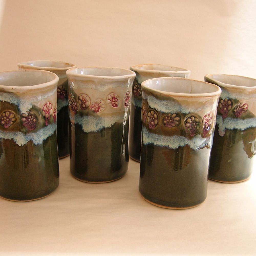 Handbuilt Stoneware Pottery Tumblers,  Spring Meadow Glaze Pattern,  14 ounces, set of six