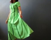 70s Lime Green Lurex Velvet Stripe Maxi Dress, Extra Small, Handmade Vintage