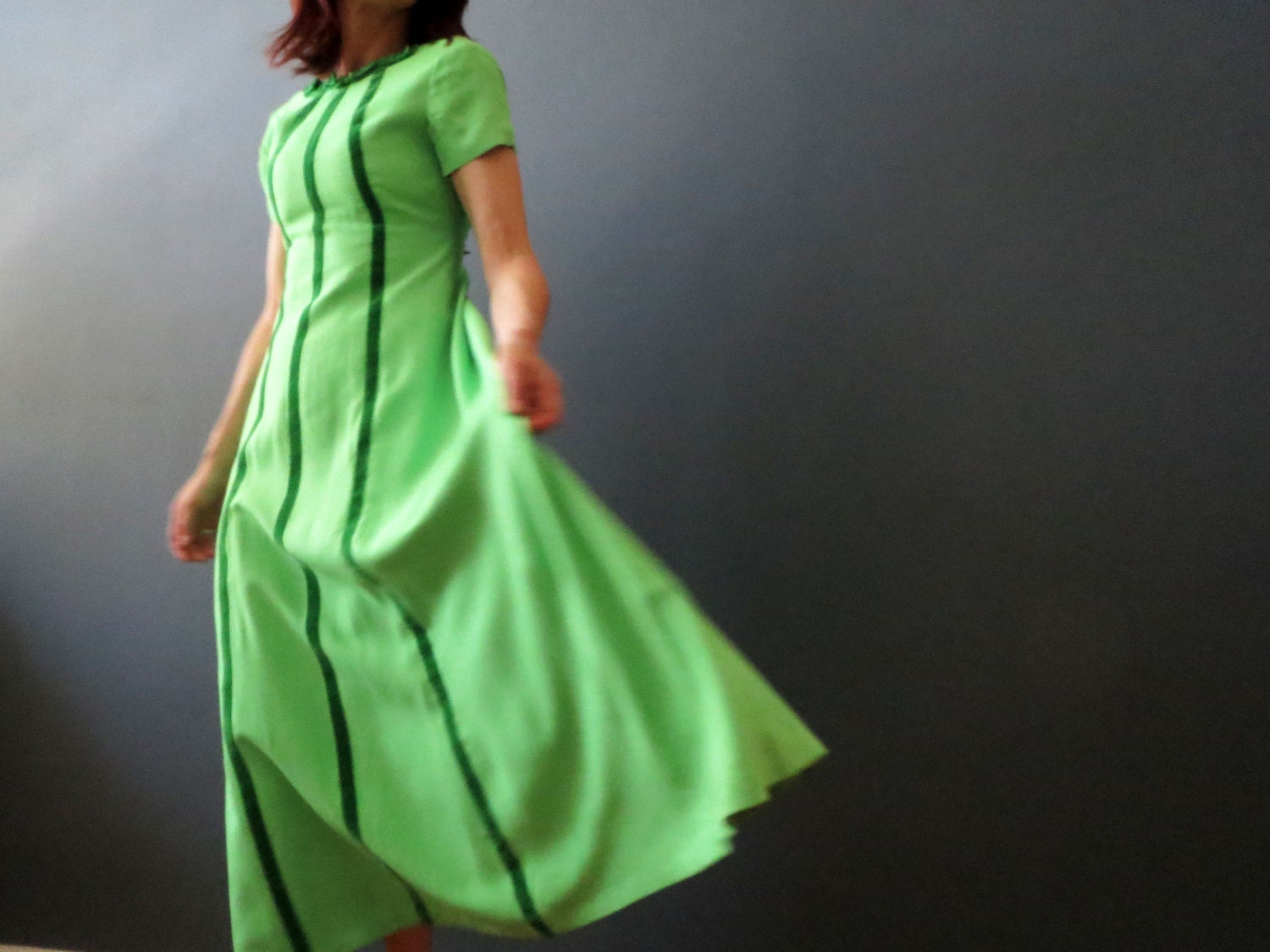 70s Lime Green Lurex Velvet Stripe Maxi Dress, Extra Small, Handmade Vintage