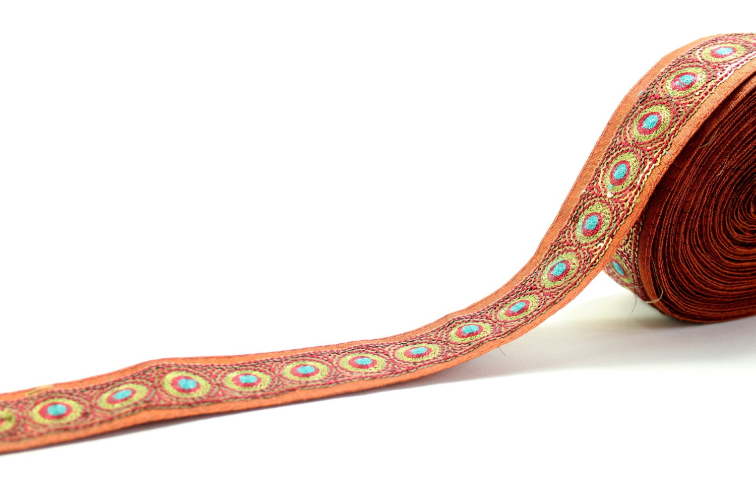 Sequined Embroidered Fabric Ribbon Trim Gold on Rust Color Silk Fabric, 2 yards