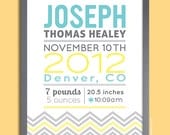 Personalized Chevron Birth Print 11x14 Nursery Wall Art Print (baby name and birth stats) aqua, grey & yellow or custom colors