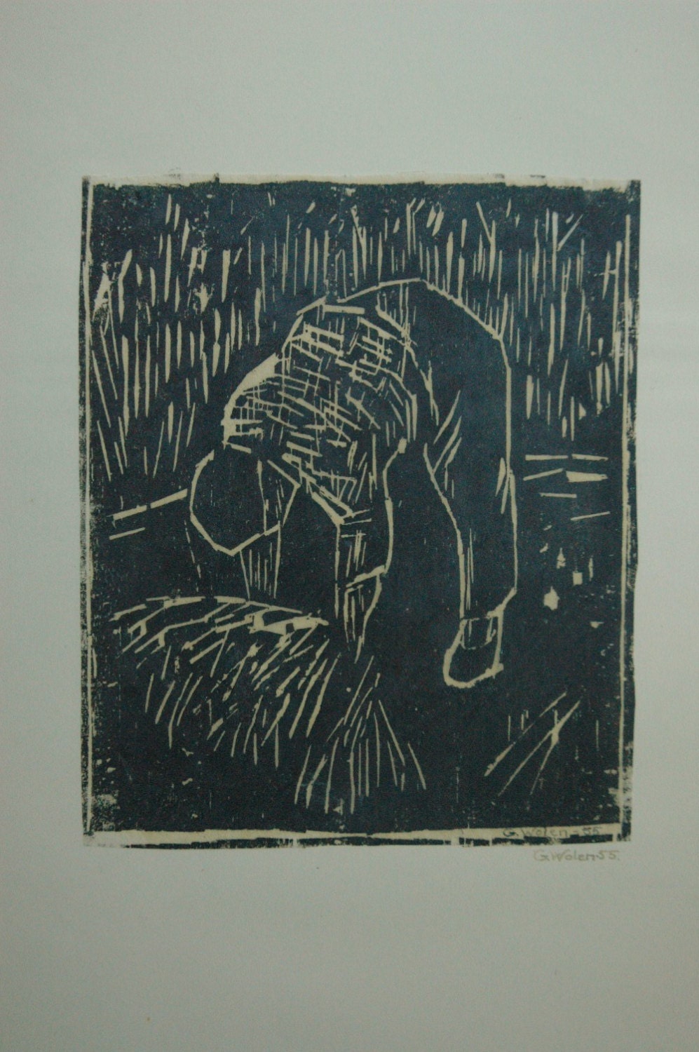 Danish Modern Woodblock Print By G Wolen - Mid Century Modern Linocut Print