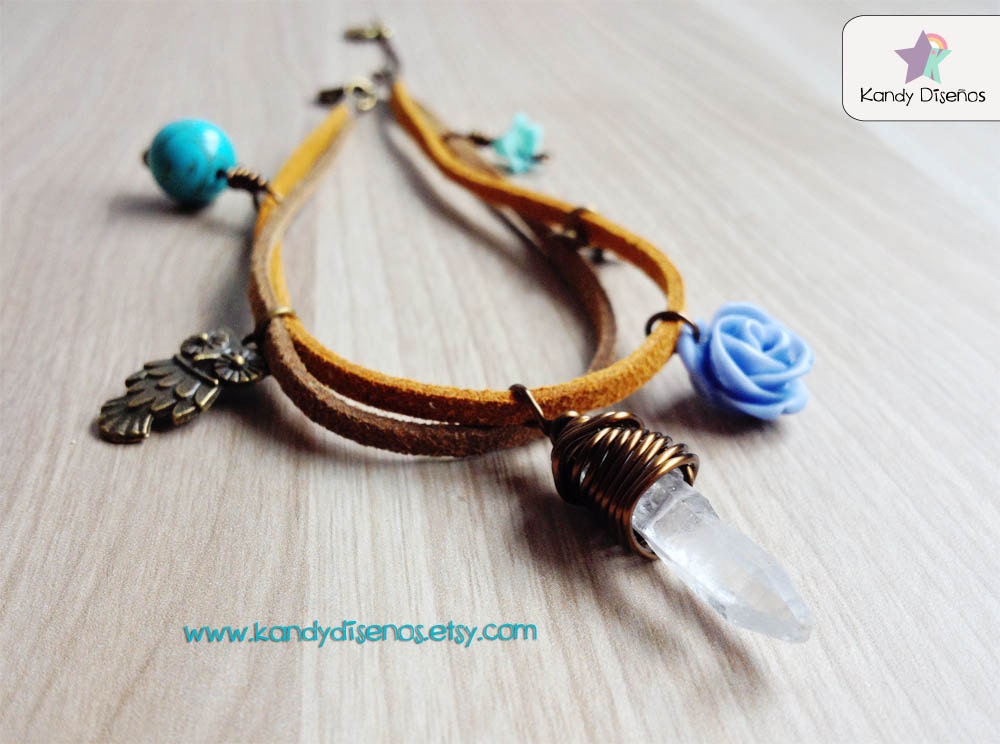 Boho Quartz anklet Healing Owl Jewelry Raw Clear Quartz Ankle Turquoise Charm Bracelet Whimsy Woodland Flower Star