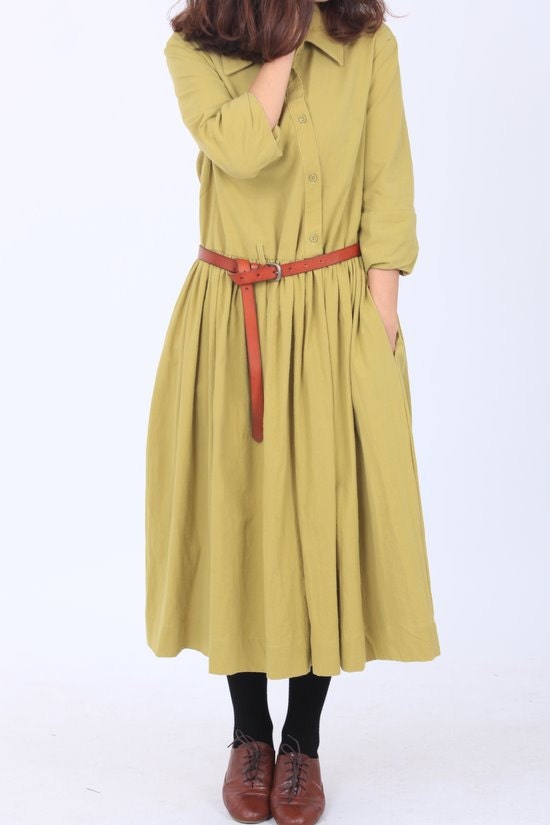 light green Cotton lapel Wear Long pleated dress