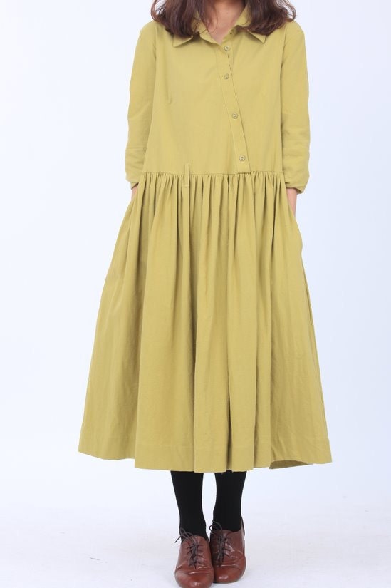 light green Cotton lapel Wear Long pleated dress