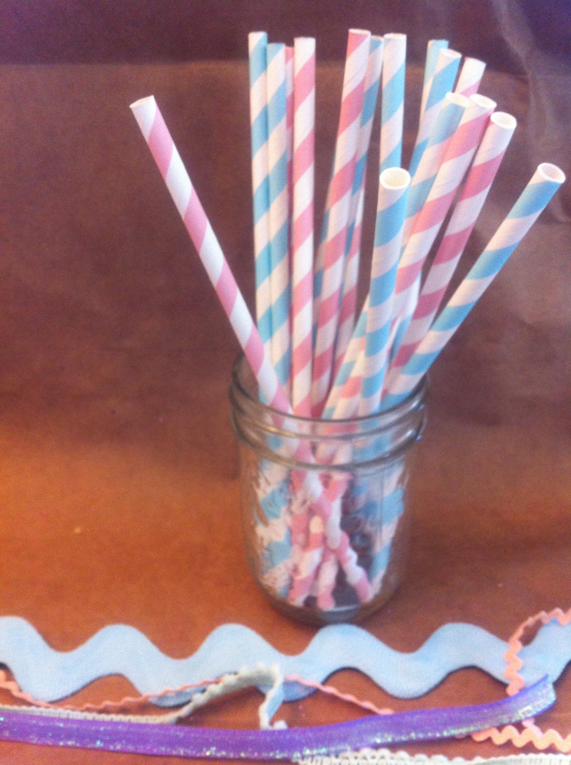 set of 12 COTTON CANDY SUMMER retro striped paper straws with handmade toppers pink blue Baby Shower First Birthday