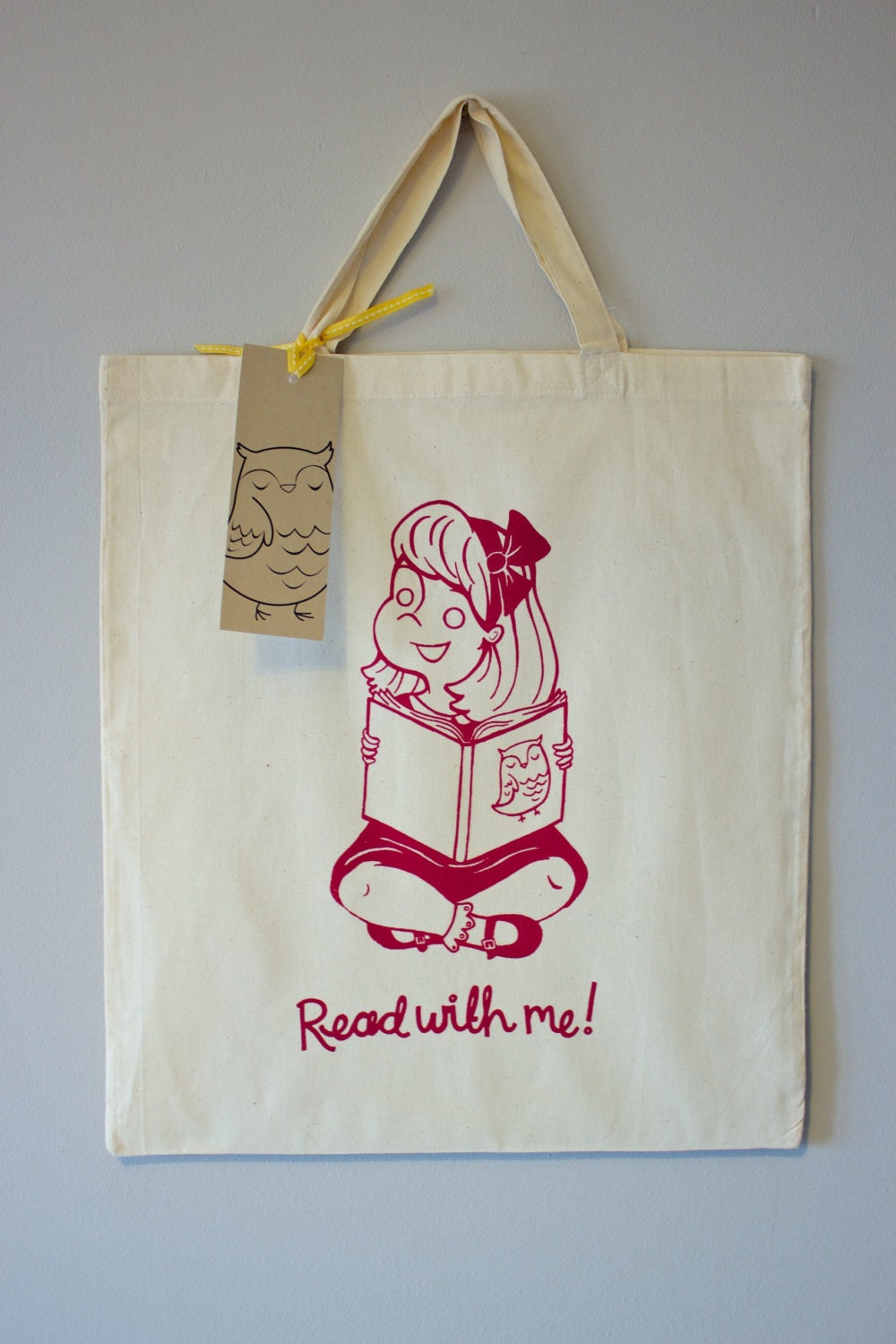 Book Bag for Girls. "Read With Me" Screen printed 100% Cotton Shopping Tote bag with matching owl bookmark.