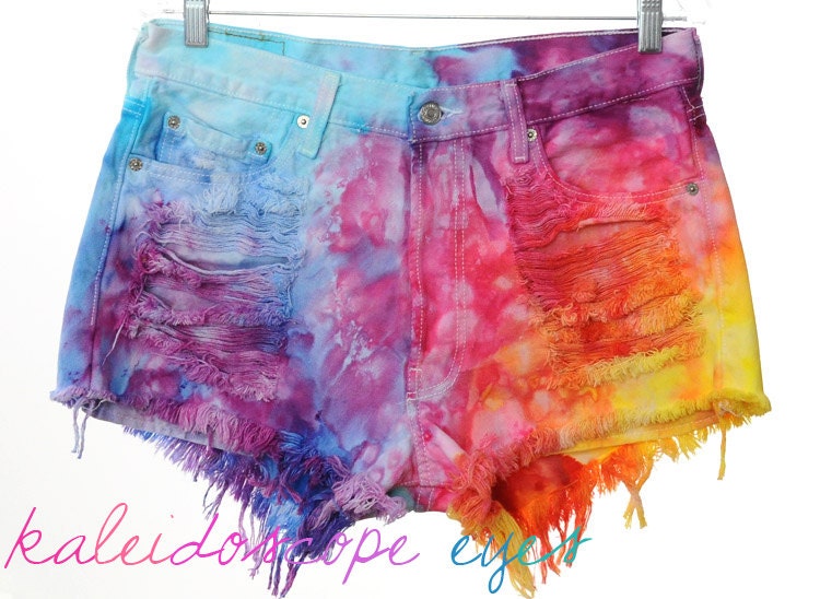 Vintage Levis 501 RAINBOW Marbled Dyed Denim Destroyed High Waist Cut Off Shorts XL