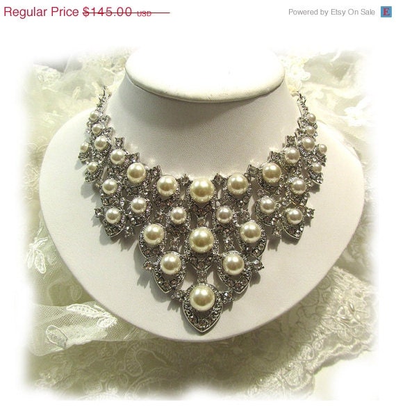 OOAK Bridal bib necklace, pearl, rhinestone, ribbon bridal necklace, bridal crystal necklace,wedding jewelry.