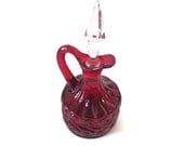 Vintage Red Cruet With Crystal Stopper, Vintage Ruby Red Cruet, Red Cruet With Top, Mid Century Cruet