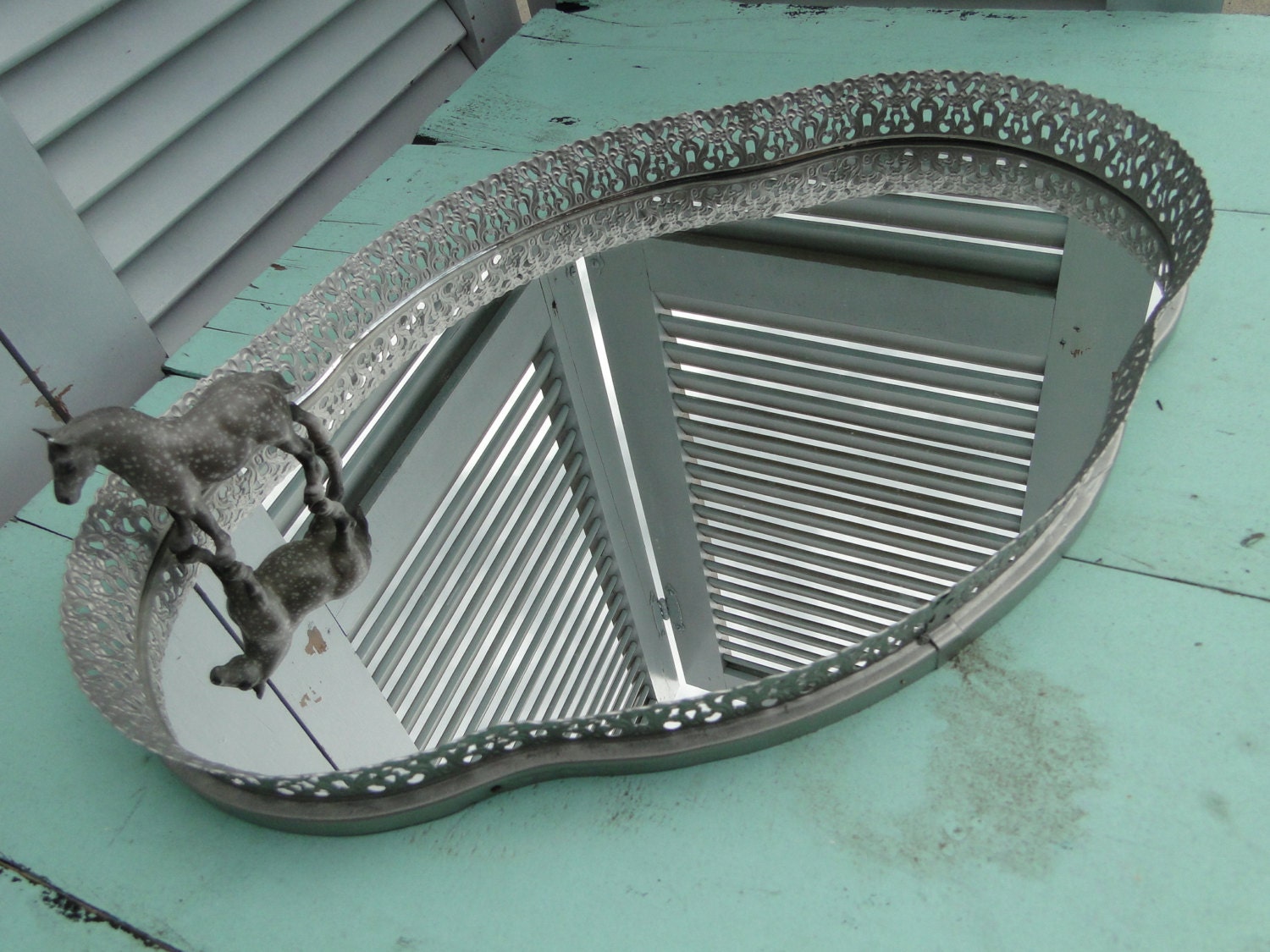 Vintage Ornate Baroque Round Mirrored vanity tray make-up tray Hollywood Regency Paris Apartment French Country Brushed Nickel Silver Silver