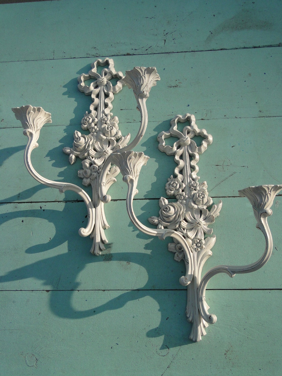 Set of double taper candle sconces ornate floral romantic shabby chic white gold "Golden Vanilla Candle Sconces"