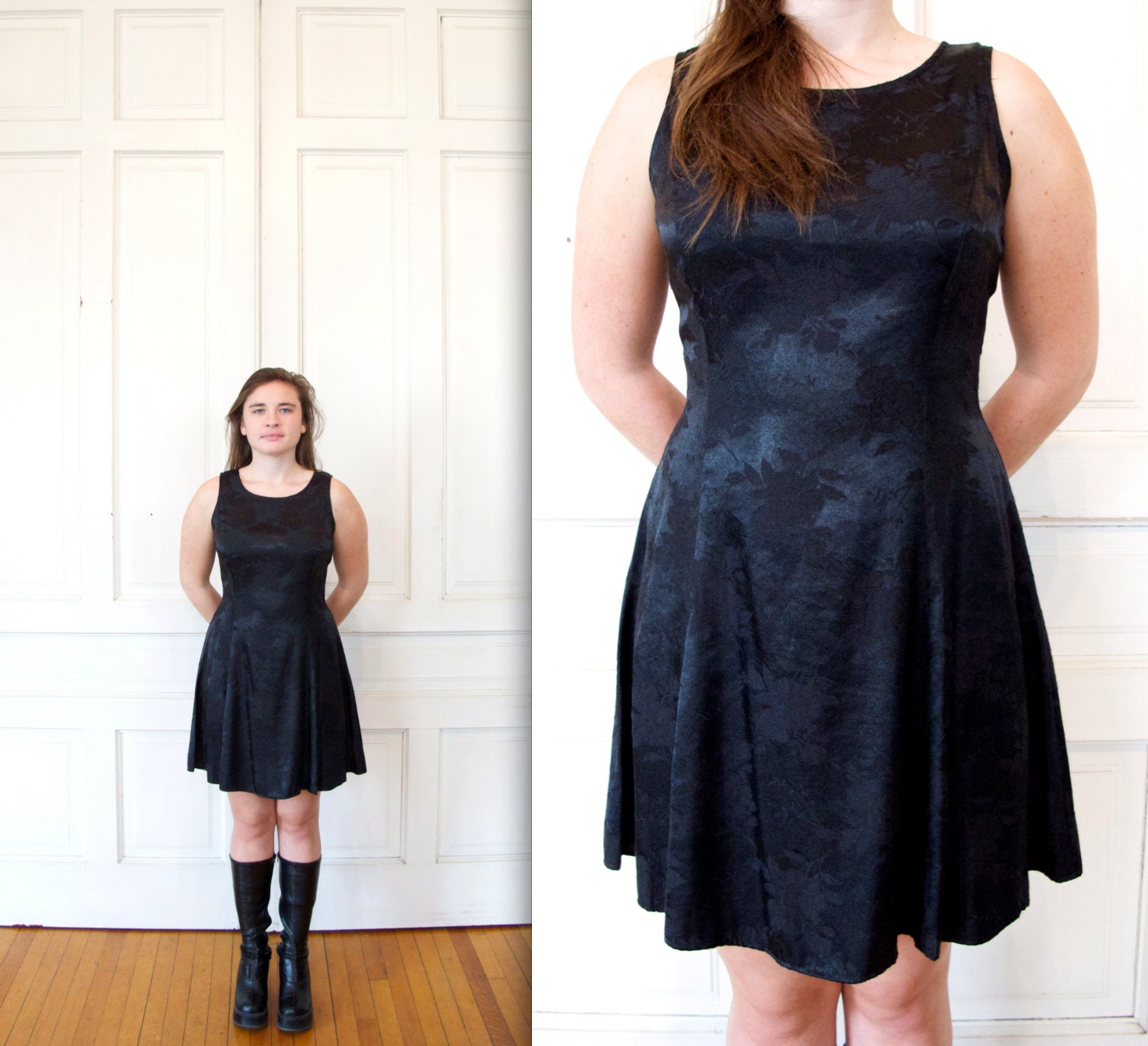 90s Black Satin Sleeveless Mini Dress / Floral Print Corset Back Party Dress