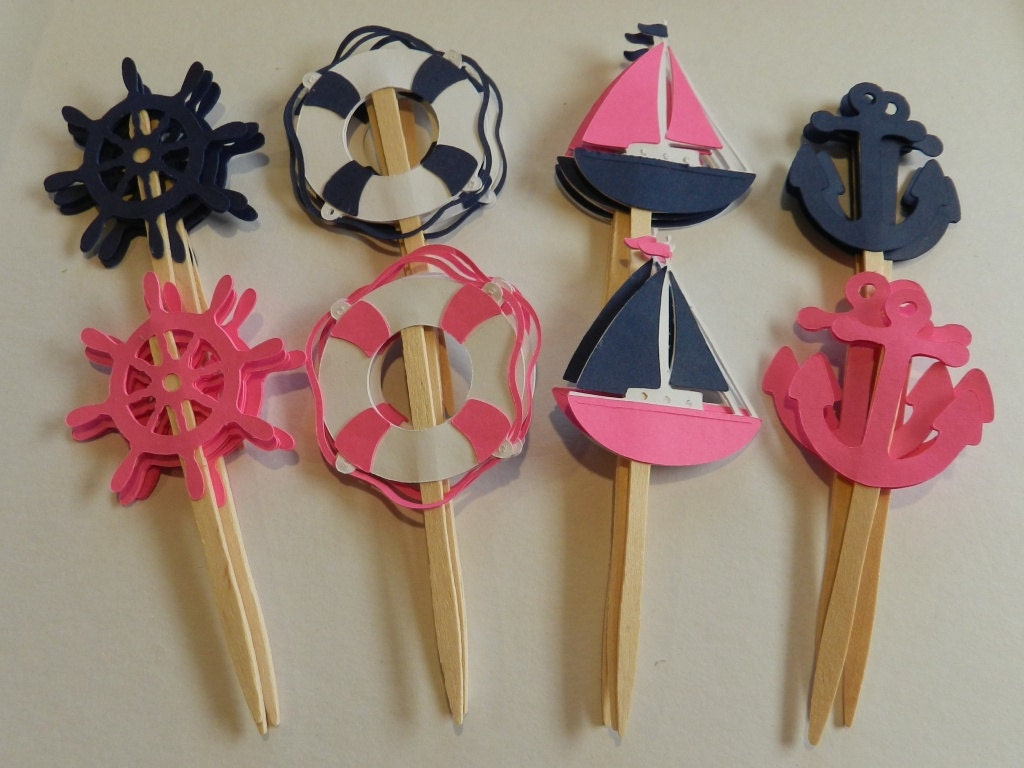 NAVY HOT PINK Nautical Cupcake Toppers Boat, Anchor, Helm, Life Preserver 12 count Il_170x135