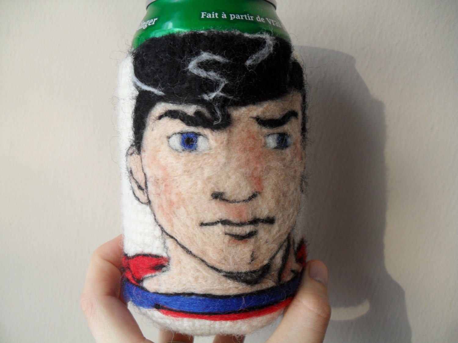 Superman needle felted can cozy / koozie