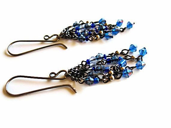 Chain Dangle Earrings, Vintage Blue Glass, Chain and Silver