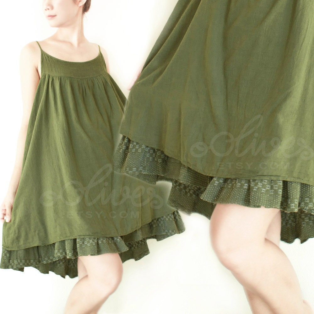 Summer Layered Cotton Dress in Dark Green